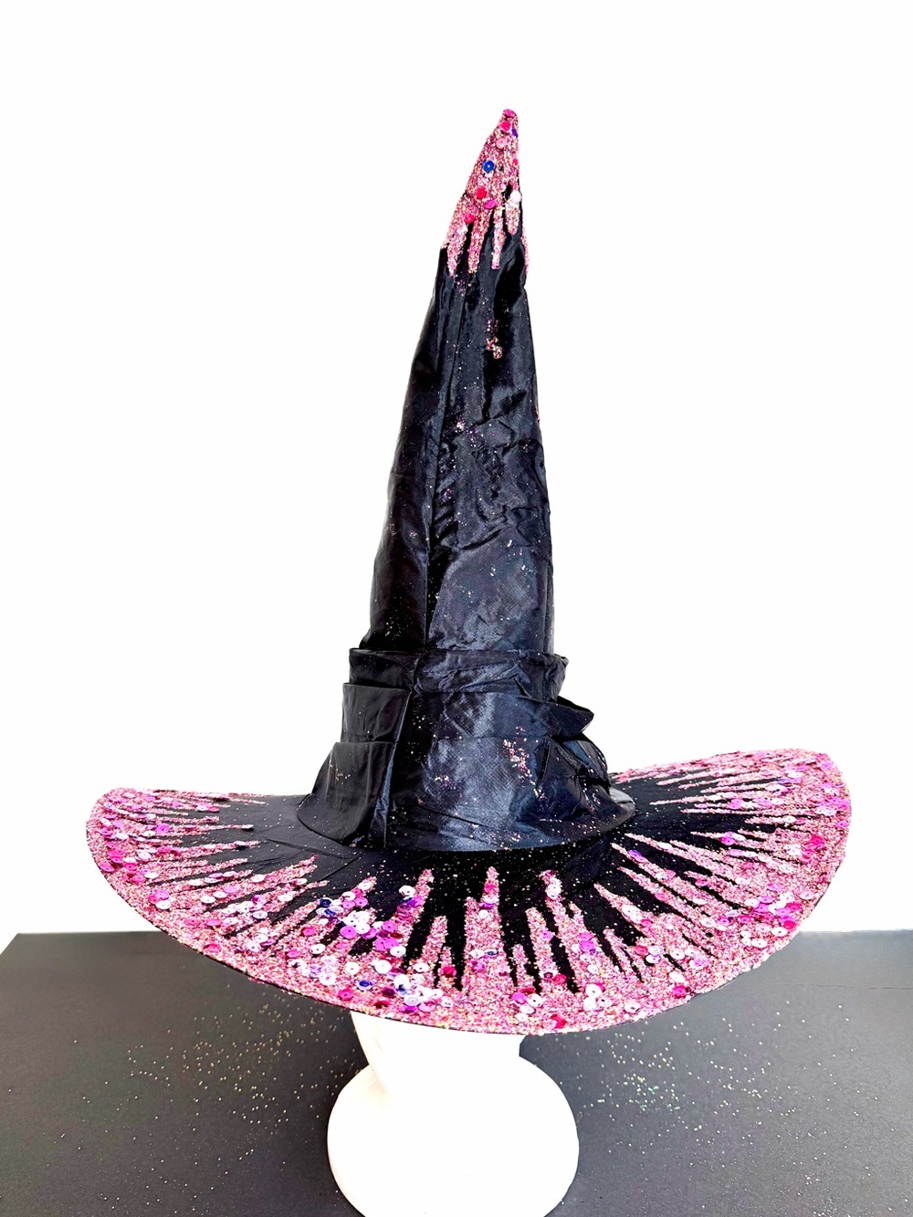 Artisan Witch hat black satin with glimmering, cotton, candy, pink sparkles OS